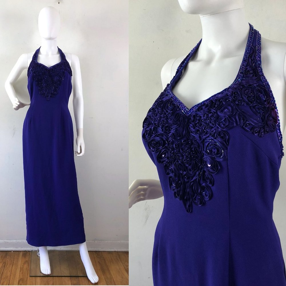 Vintage Dress Size 6 Small Beaded Halter Purple Evening Gown